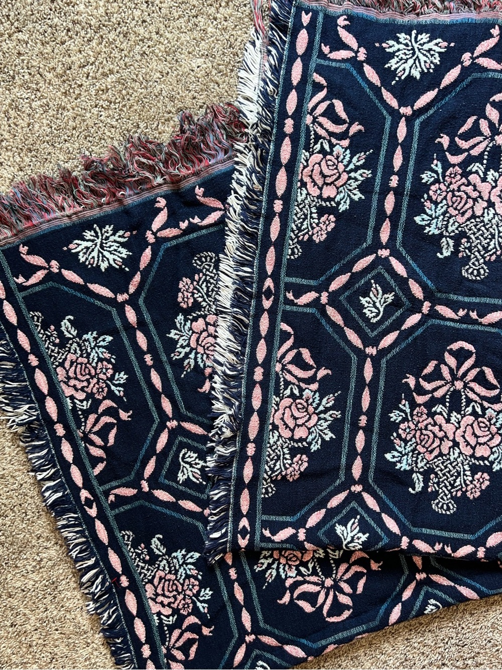 Rare Floral Bow Woven Throw Blanket Cotton Vintage Tapestry Fringe 1980’s 1990’s